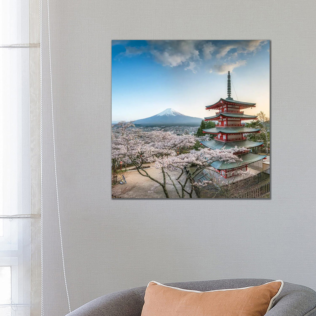 Chureito Pagoda And Mount Fuji During Cherry Blossom Season, Fujiyoshida, Japan by Jan Becke - Wrapped Canvas Print