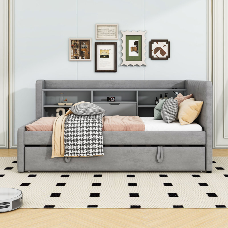 Twin Upholstered Daybed with Trundle, Shelves and USB, Gray