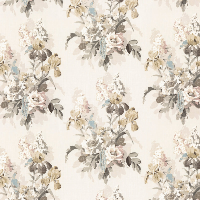 Bird and Iris 100% Linen Performance Fabric, Ivory/Mole