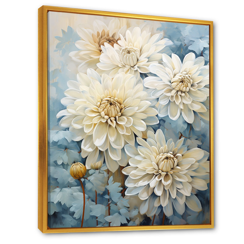 Minimalisme «Blooming Mums» en bleu et blanc iv sur toile, Cadre flottant doré, 40" H x 30" W