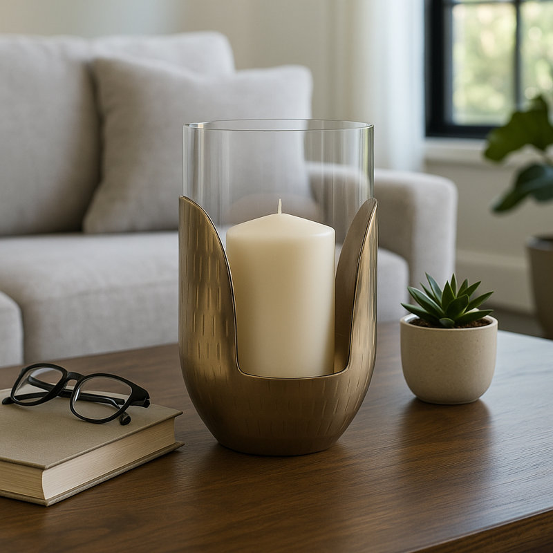 Decorative Glass Pillar Candle Hurricane Holder With Metal Base - Modern Tabletop Candle Stand For Dining Room Or Living Room - Gold