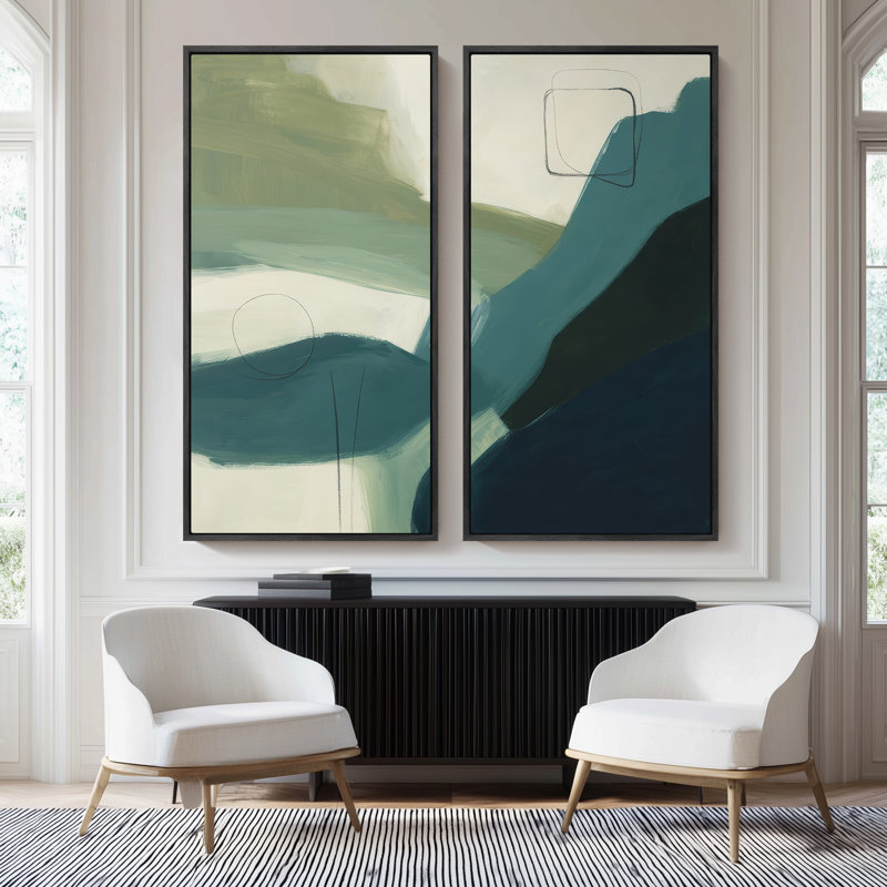 «Minimal Blue Green Abstract Forms», ensemble de 2 reproductions d'art encadrées sur toile 60 po x 20 po x 2, 60 po x 30 po x 2