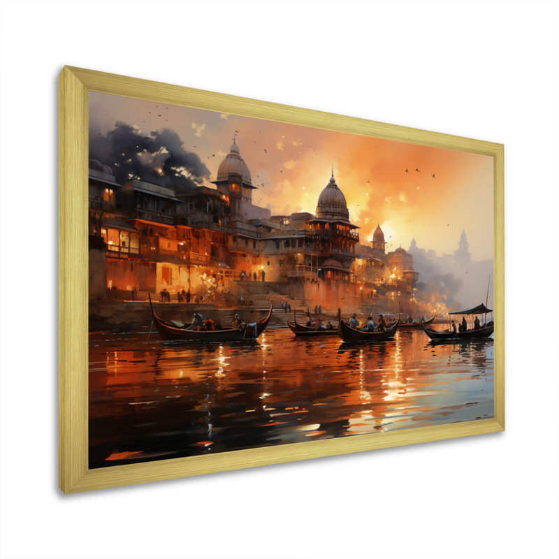 Indian Art Sunset At - Art mural indien, H 12 po x l 20 po x P 1 po, Cadre doré simple