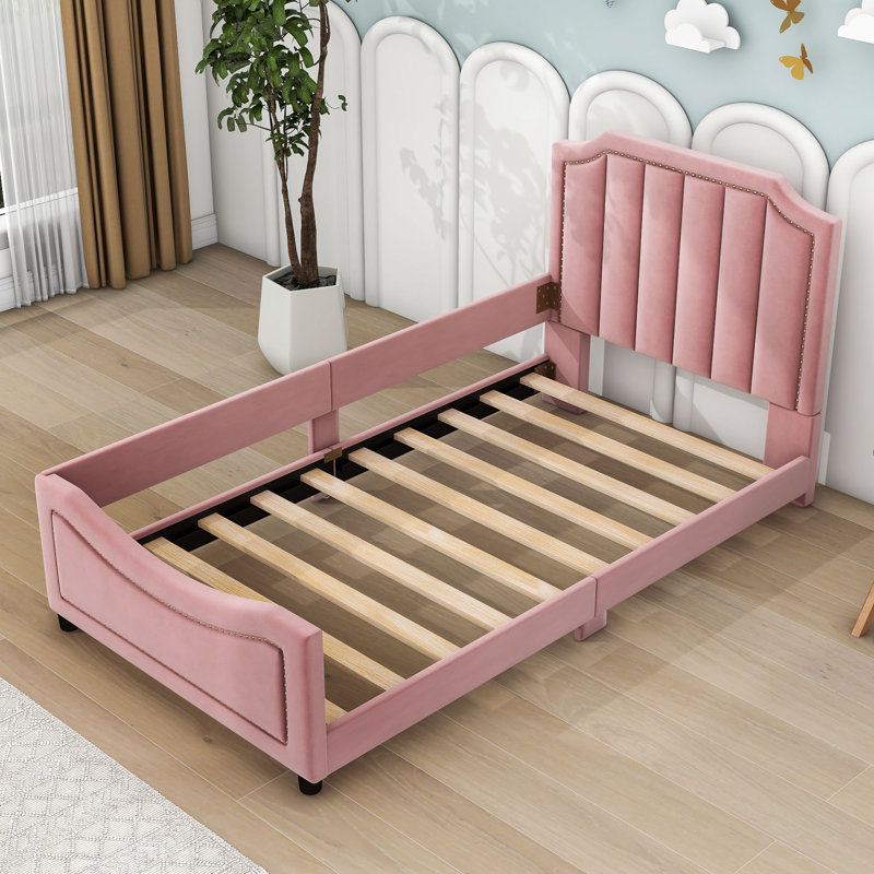 Modern Twin Velvet Upholstered Platform Bed with Classic Stripe Headboard, Pink