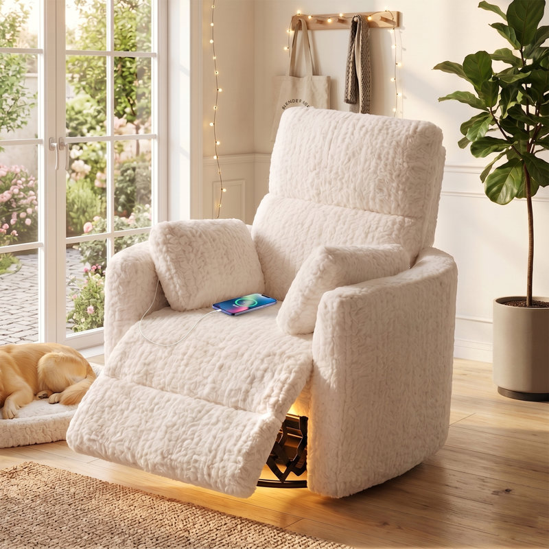 Power Recliner Chair, Swivel Rocker Recliner Glider With USB & Type C Charging Ports-Beige, Beige