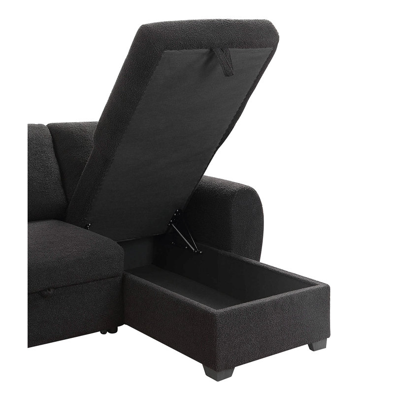 Veronica 95" Black Teddy Fleece Reversible Sleeper Sectional Sofa With Storage Chaise