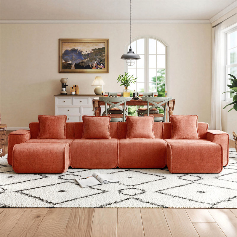 Boneless 6-Seat Modular L Shape Velvet Sectional Boneless Sofa, No Assembly Required with French Edge Piping, Velvet - Red