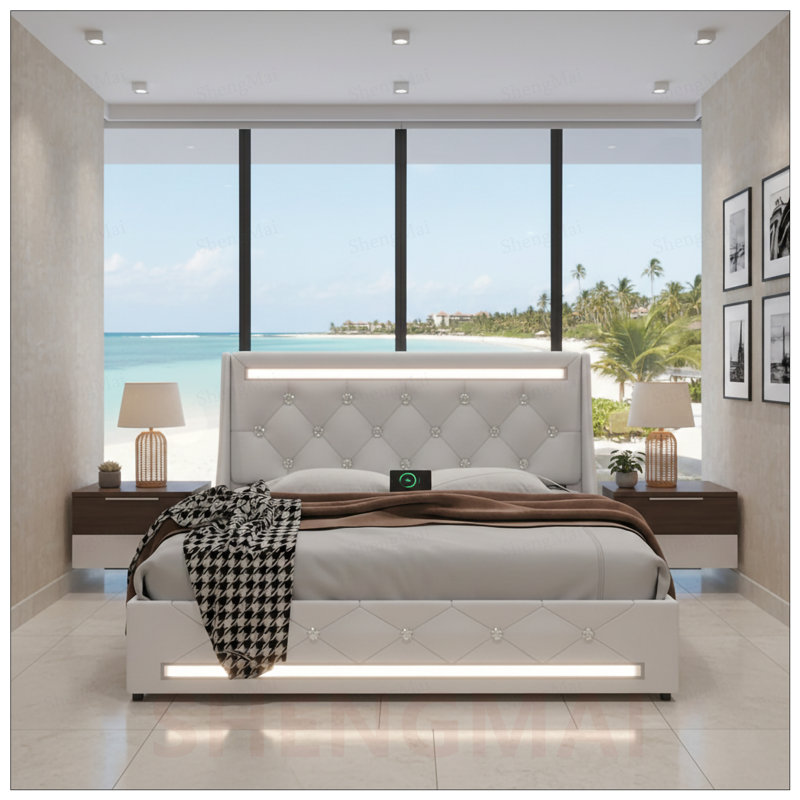 Base de lit grand format avec lumières DEL, station de charge et tête de lit à losanges pour un confort moderne, White, Queen