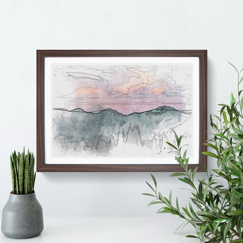 Mountain Divide in Abstract - Picture Frame Drawing Print, 27cm H x 36cm W x 2cm D, Walnut Framed