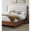 Grand lit de style Mid-Century moderne, tête de lit Boucle en noyer et beige, structure en bois massif, pieds fuselés ronds, lit compatible avec matelas de conception, couleur, panneau de placage en tissu, prêt