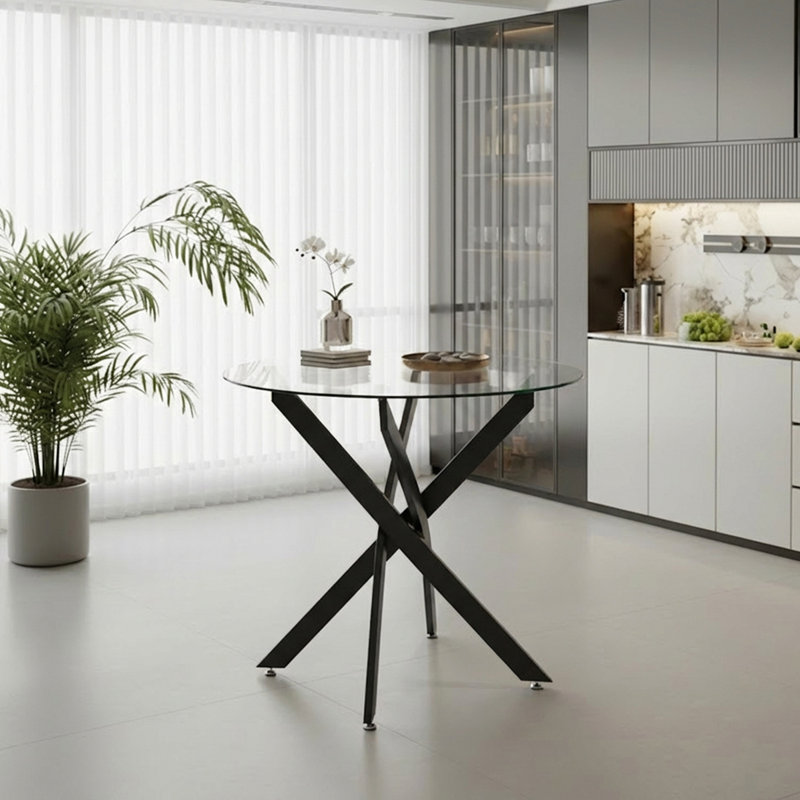 Round Dining Table, Glass Dining Table With Black Legs, Modern Kitchen Table For Home Kitchen, Dining Room, Black