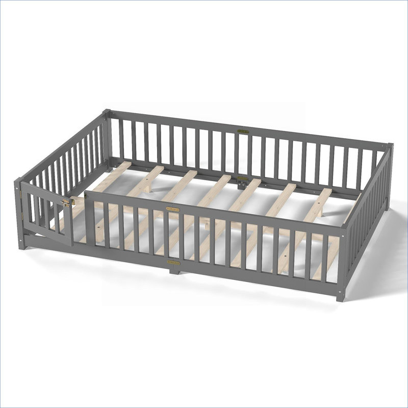 Platform Floor Bed Kids Bedroom Classic Gray Pine Wood Queen Size With Safety Guardrails, Queen, Dark Gray