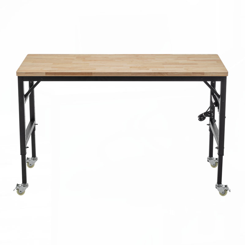 Établi réglable de 60 po pour le garage, poste de travail robuste en bois d'hévéa avec prises de courant et roues, table de travail en bois franc d'une capacité de charge de 2 000 lb pour atelier, garage, bureau, maison, commercial