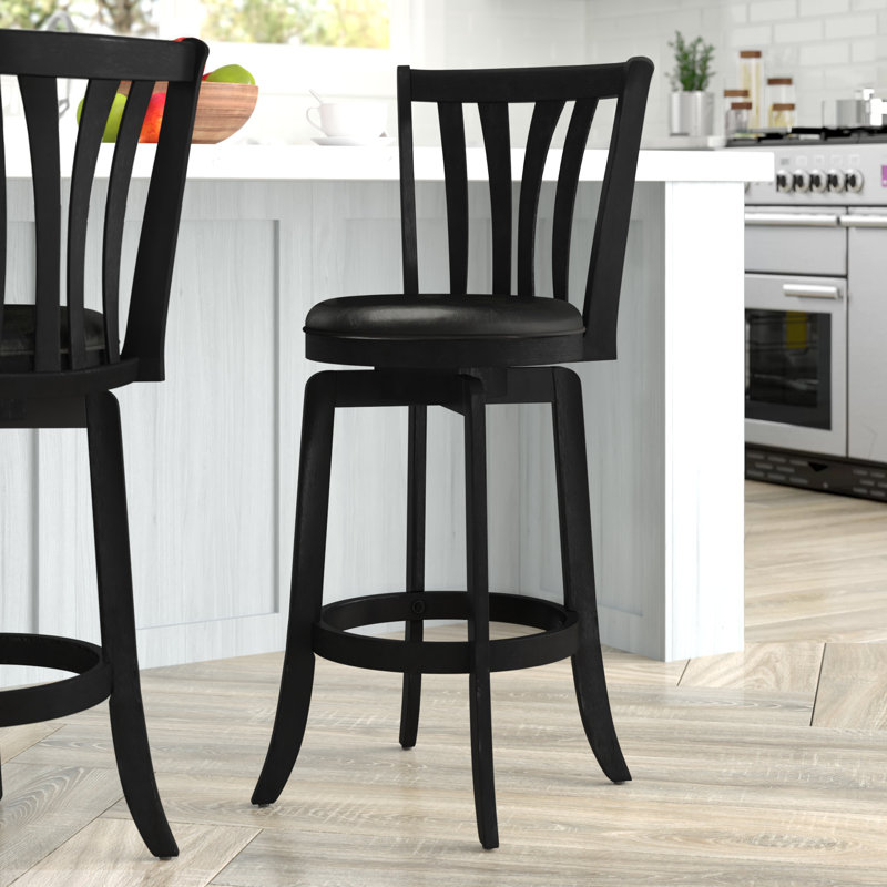 Tabouret de bar et de comptoir pivotant Asharn, Cuir noir, Tabouret de comptoir (siège d'une hauteur de 25,5