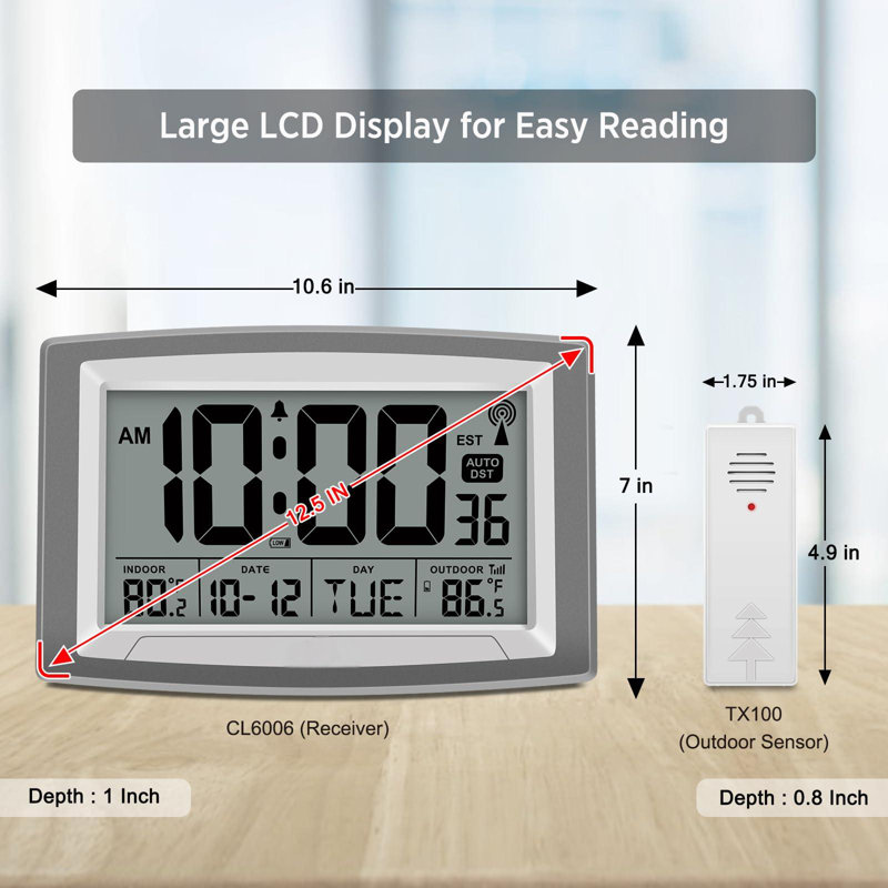 Atomic Clock With Indoor And Outdoor Temperature - 12.5 Inch Self-Setting Digital Clock Large Display