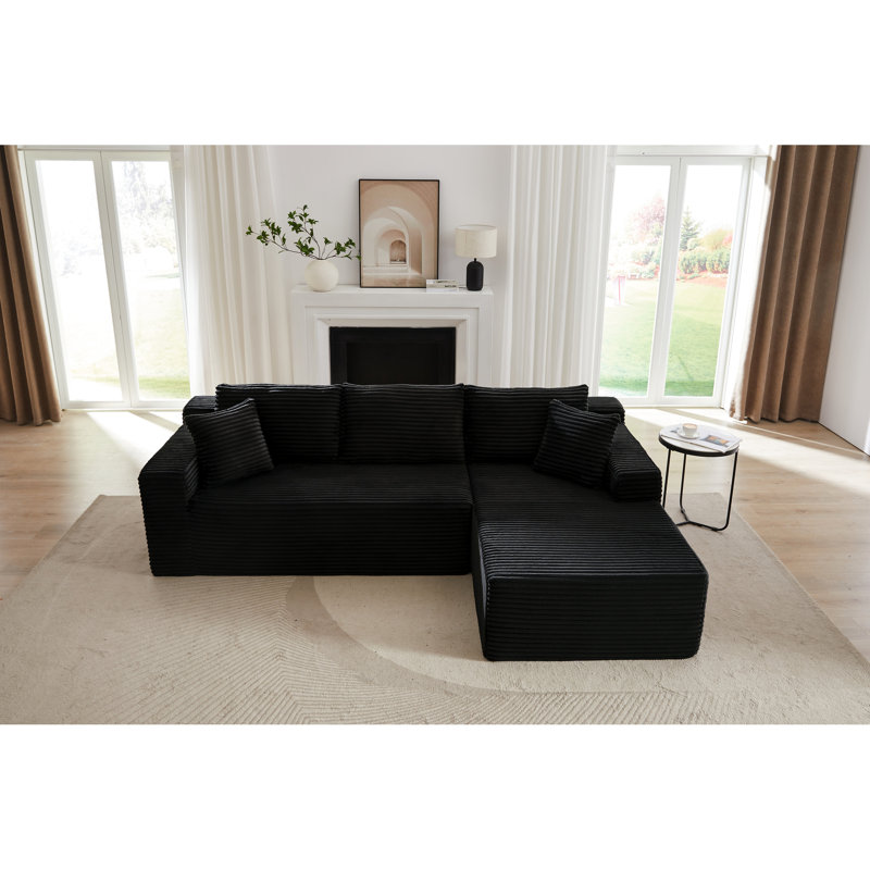 Canapé modulaire en L en forme de L, 4 sièges, velours côtelé noir, sans assemblage, canapé-lit modulaire, style, confort, support à ressorts en velours côtelé 4, siège profond, canapé-lit pour salon, chambre à coucher, appartement, combinaison