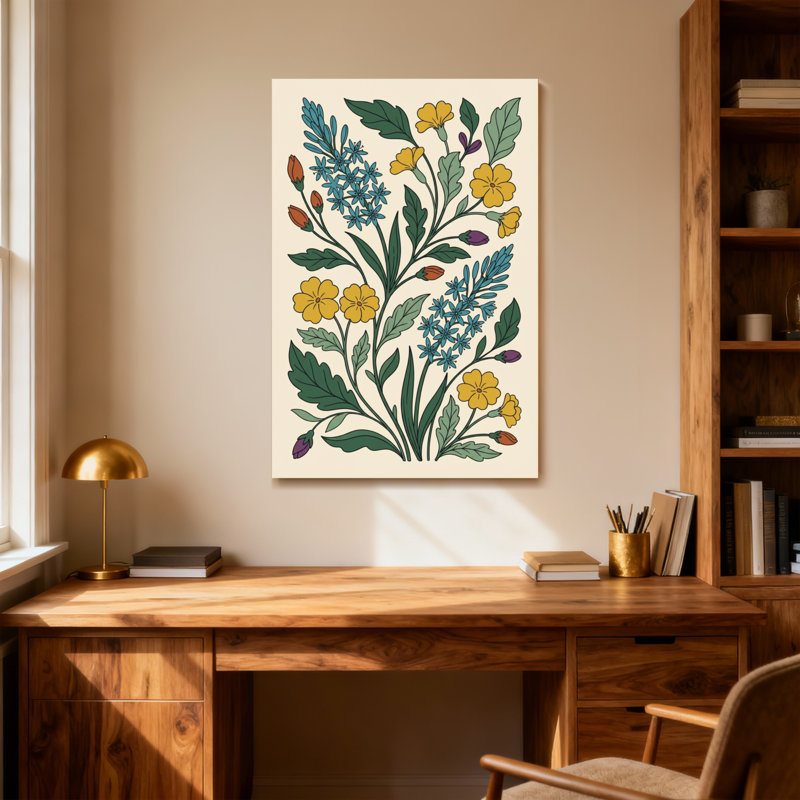 Plantes et fleurs avec motif floral jaune et bleu, H 18 po x l 12 po