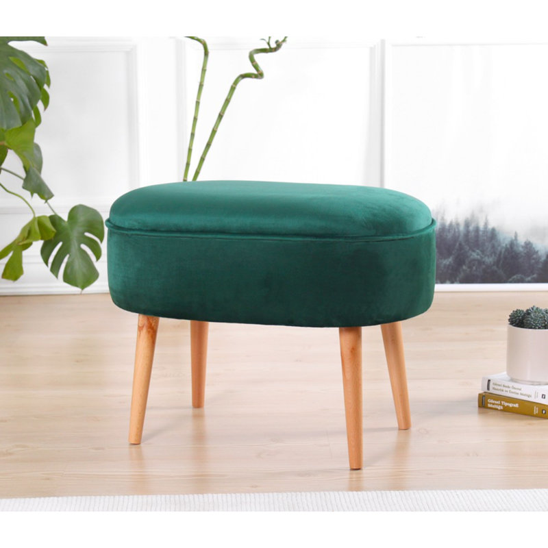 Luxurious Green Velvet Pouffe with Wooden Legs, 24.8 x 18.5 x 17.3 Inches | 100% Velvet, 35 DNS Orthopedic Sponge, Perfect for Bohemian & Scandinavian Decor | Stylish and Comfortable Seating Solution for Home & Hotel