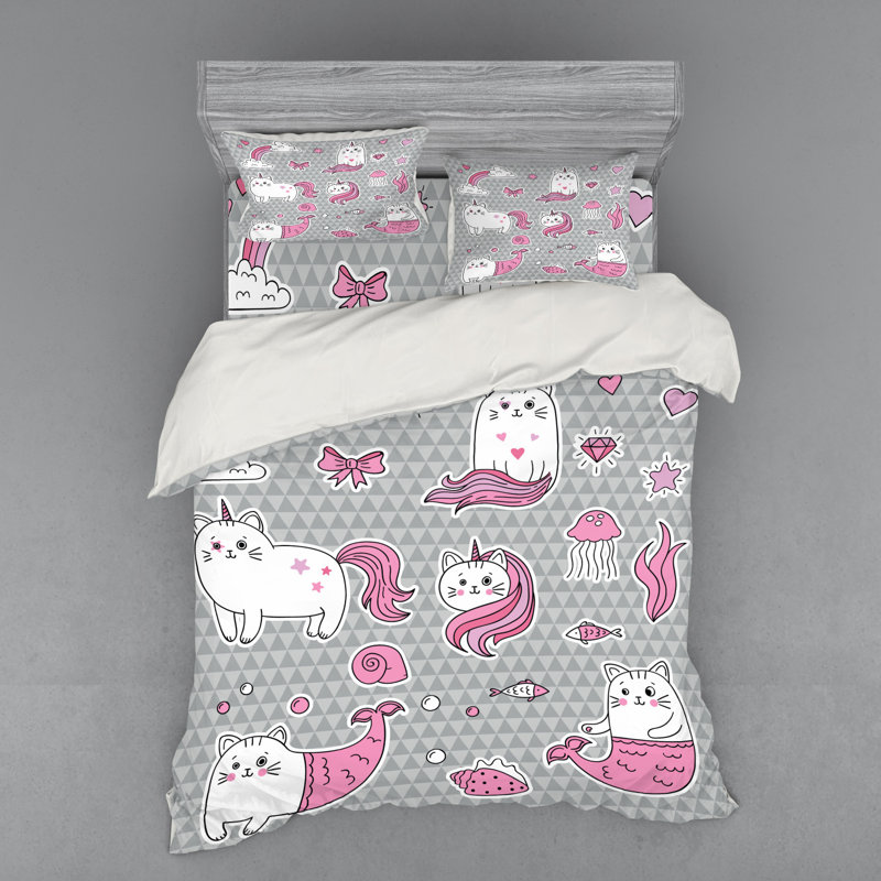 Ensemble de housse de couette en microfibre gris / rose / noir, Housse de couette grand + 3 pièces supplémentair