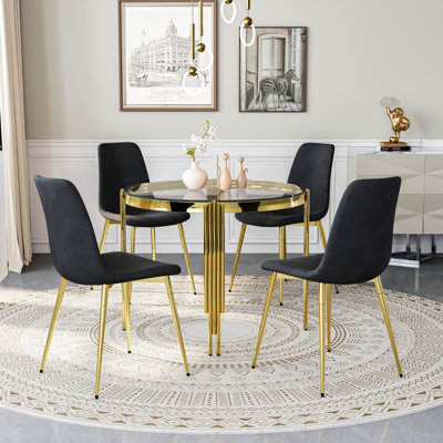 Round Glass Dining Table Set For 4, Modern Irregular Stainless Steel Table With Velvet Cushioned Chairs