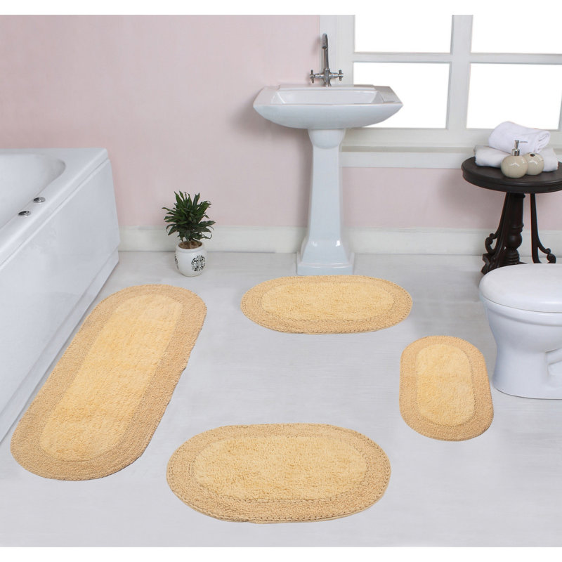 Eveland Runner 100% Cotton Non-Slip 4 Piece Bath Rug Set, Butter