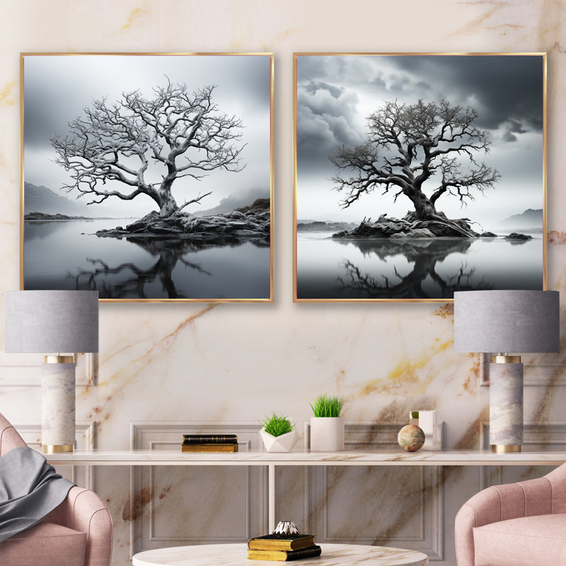 «Stormy Grays Tree Emotion», 2 pièces, Encadrement doré, H 36 po x l 73 po