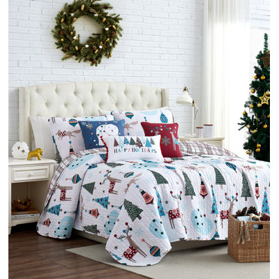 Winter Wonderland White/Blue Microfiber Reversible Quilt Set