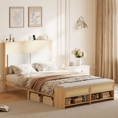 Queen Platform Bed Frame With Padded Headboard And Charging Station, Rattan Wood Bed With Shelves And Foot-End Bench