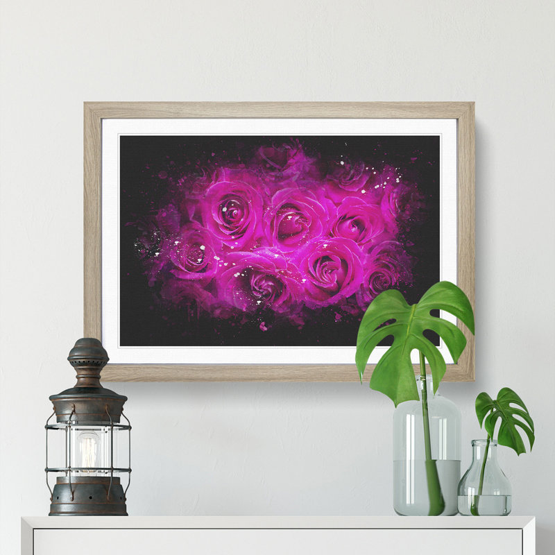 Wall of Bright Pink Roses - Picture Frame Graphic Art Print, Oak Framed, 24cm H x 33cm W x 2cm D