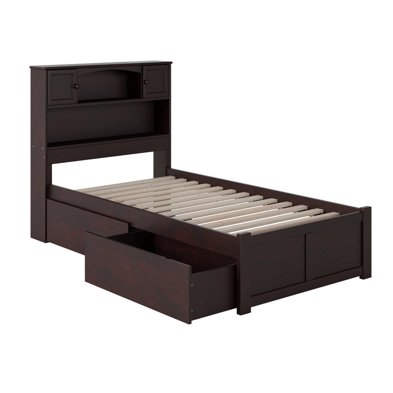 Lit plateforme en bois massif avec bibliothèque et tiroir de rangement Bouldin, Simple TG, Espresso