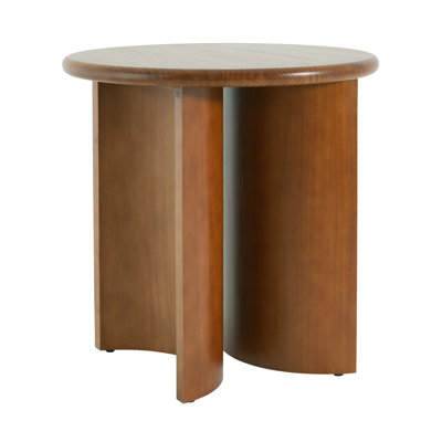Walnut Finish Pine Wood Round Side Table with Unique Fan-Shaped Legs, Mid-Century Modern Accent End Table for Living Room