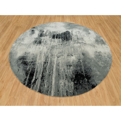 10'x10' Obsidian Black Hand Knotted Abstract Wool and Silk Round Rug 163FD92B876542E88CB19030CF6DA90F