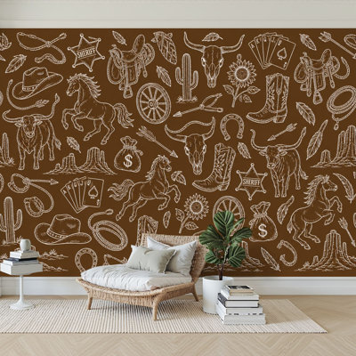 Wall Mural Peel and Stick Wallpaper Wild West Cowboy Doodle Horses Hats Elements Brown Western Self-Adhesive Removable Contact Paper Wall Decor for Living Room Bedroom 100"H x 144"W
