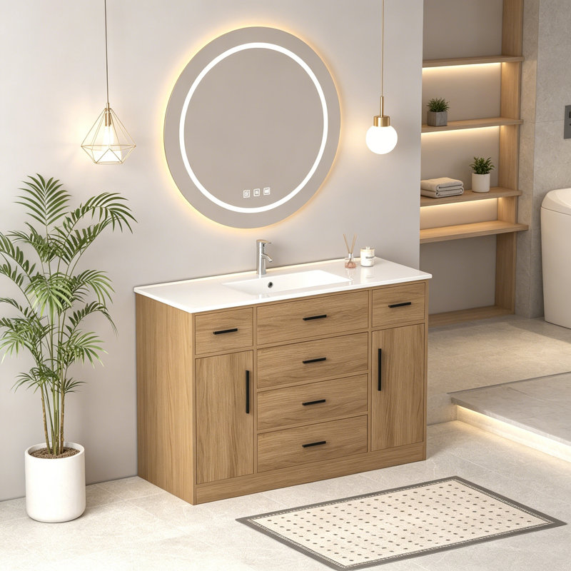 Meuble-lavabo de salle de bain avec 2 portes à fermeture douce et 6 tiroirs, Naturel