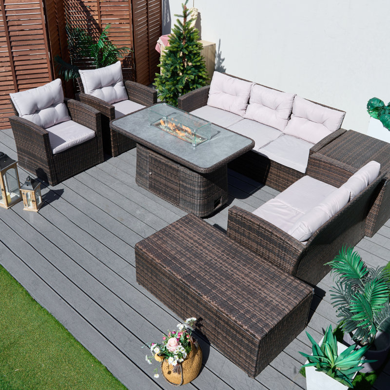 7 - Person Outdoor Wicker Fire Pit Patio Dining Set With Cushions, Beige Cushion/Brown Frame