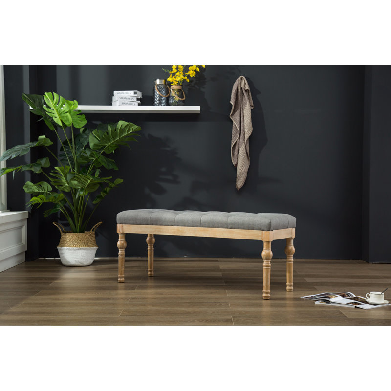 Habit Solid Wood Button Tufted Dining Bench, Gray, Natural