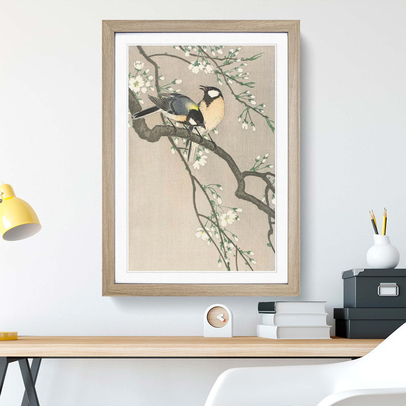 Tits on a Cherry Branch by Ohara Koson - Framed Print, 65cm H x 48cm W x 2cm D, Oak Framed