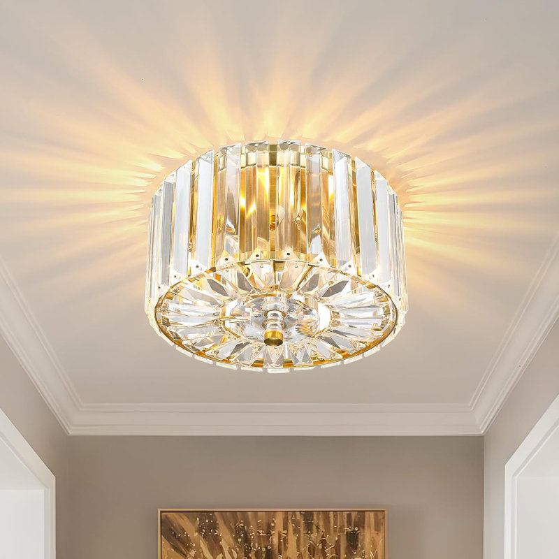 Plafonnier semi-encastré moderne en cristal, petit lustre 2 lumières avec cristaux K9 pour le couloir de la cuisine, Doré