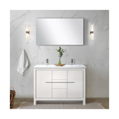 Ensemble de meuble-lavabo double blanc l 48 po x P 20 po, comptoir en quartz blanc, robinet chromé et miroir de 43 po
