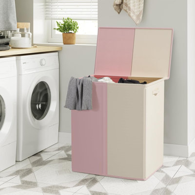 Double Laundry Baseket With Lid And Removable Laundry Bags,154L Large Laundry Hamper 2 Section Collapsible Dirty Clothes Hamper For Laundry Room,College Dorm,Bathroom,Pink And Beige