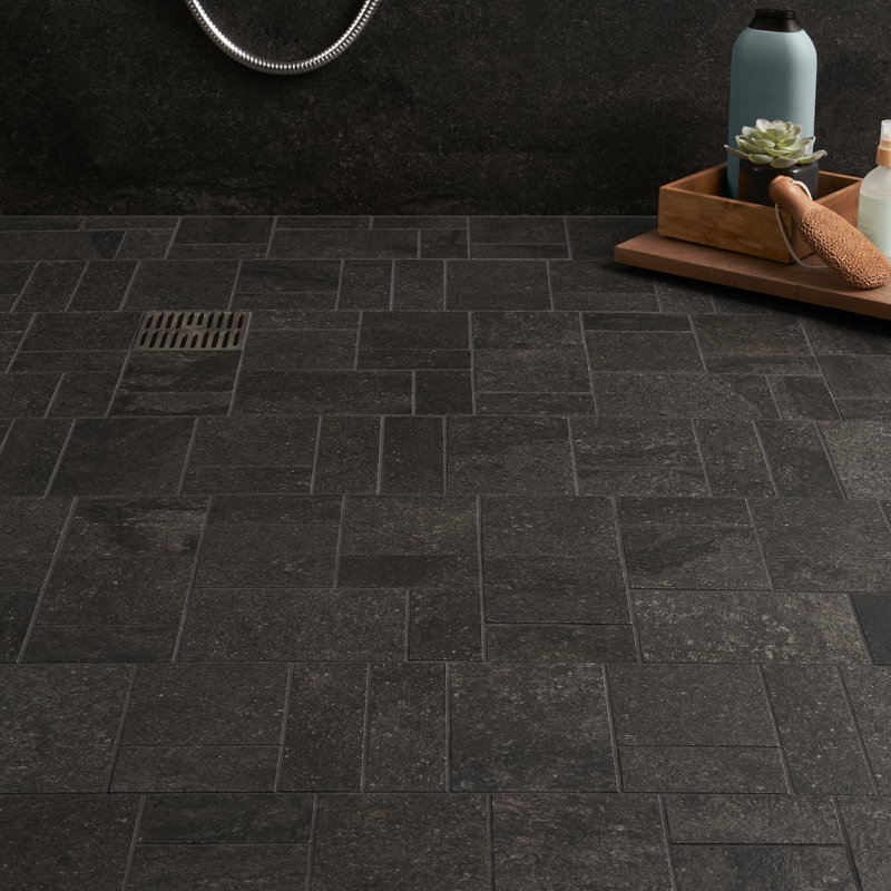 Mosaics Mesa French Pattern 11.8 in x 15.7 in Matte Limestone Look Porcelain Floor and Wall Mosaic Tile,  Black