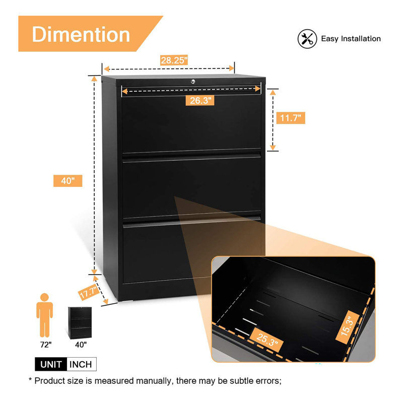 17.7'' Wide 3 -Drawer Steel File Cabinet, Black