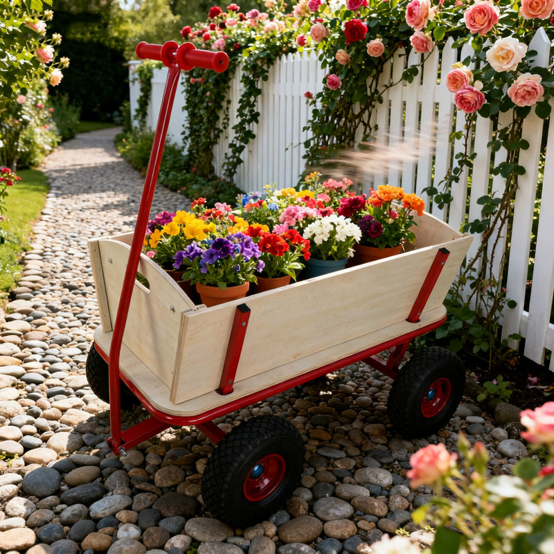 Wagon rouge pour enfants avec coffre de rangement en bois, chariot tout-terrain pour le jeu et le jardinage