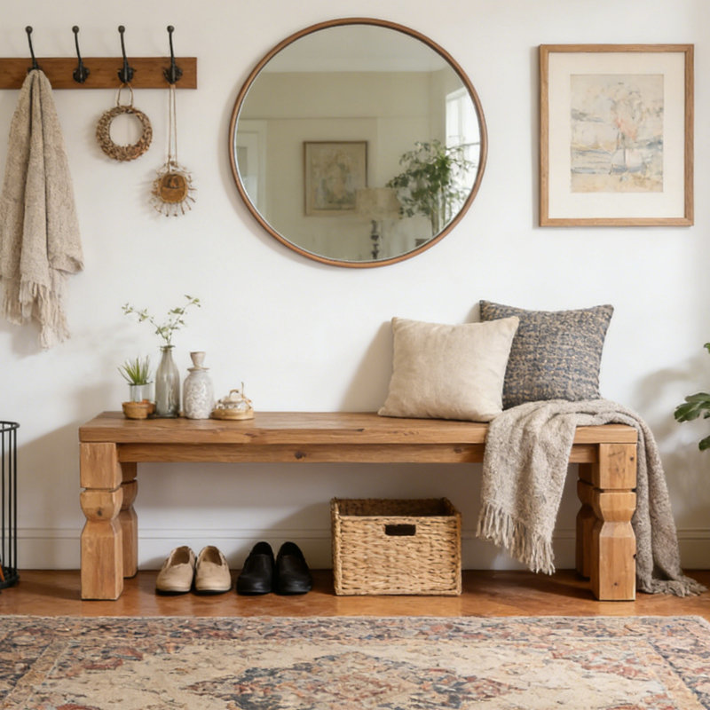 55" Solid Wood Entryway Shoe Bench, Farmhouse End Of Bed Bench