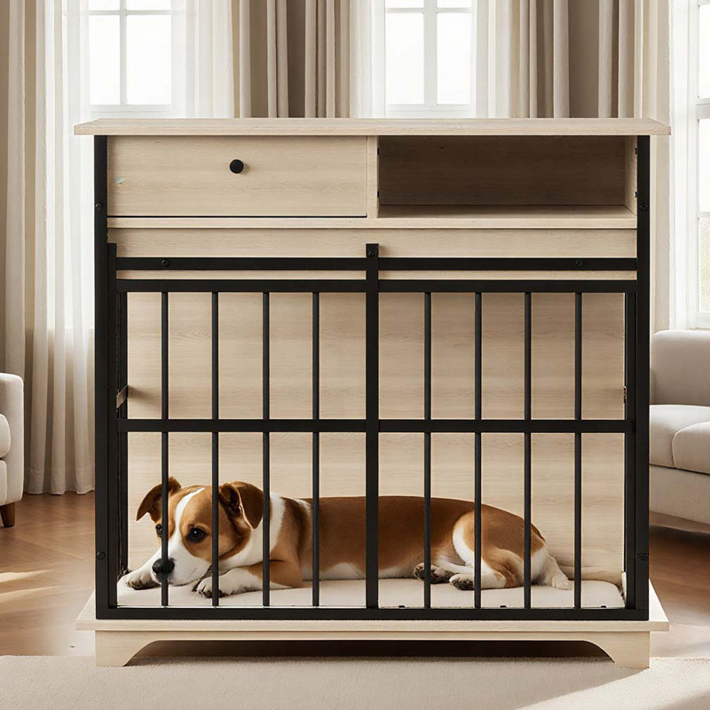 Mobilier pour grande cage avec plateau pour chiens de taille moyenne, chenil en bois, Naturel