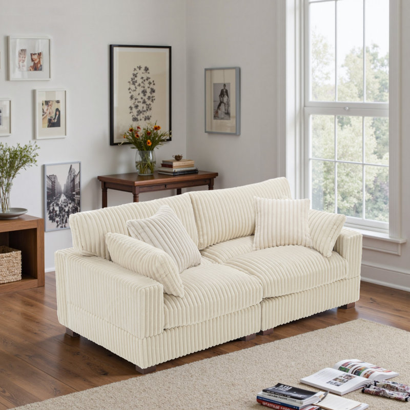 2 - Piece Upholstered White Faux Rabbit Fur Flannel Reversible Modular Sofa Living Room Sectional Couch with Pillows, White
