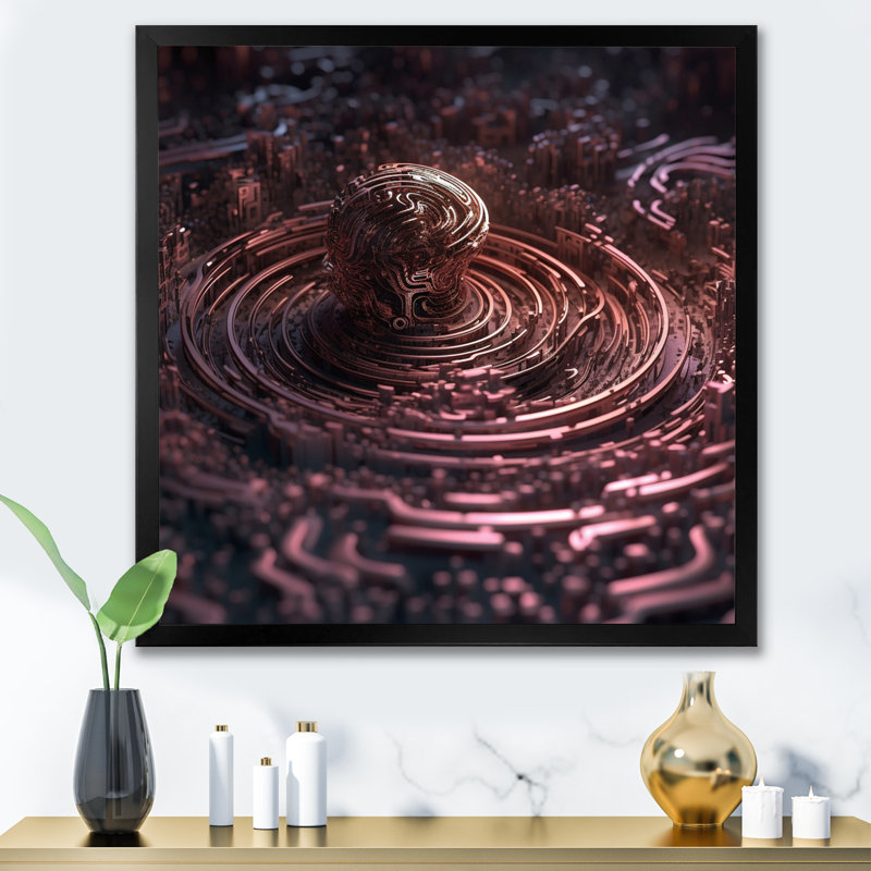 Cœur du labyrinthe en chrome rose - impression, H 16 po x l 16 po x P 1 po, Cadre simple noir
