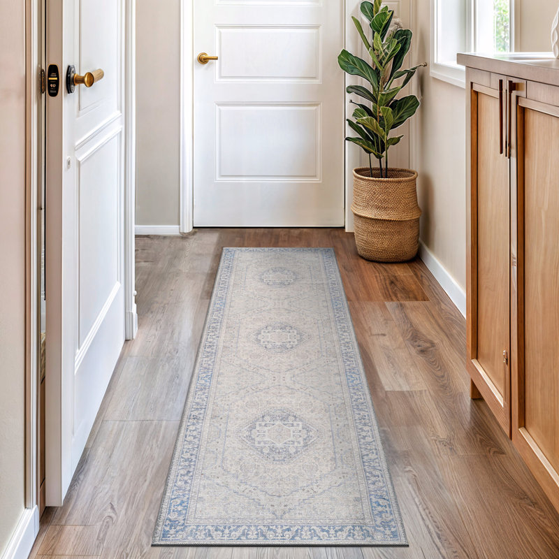 Valora Blue Traditional Washable Flatweave Rug With Non-Slip Backing, Runner 2'6" x 8'