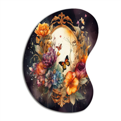 Miroir floral antique avec papillons I - décoration murale asymétrique florale en métal, sculpture murale en métal Freeform