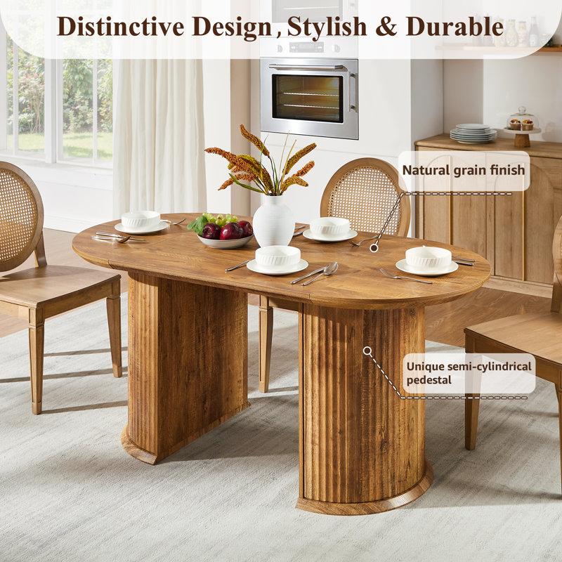 63" Fluted Oval Dining Table Double Pedestal Kitchen Table For 4-6 With Thickened Edge & Semi-Cylindrical Base